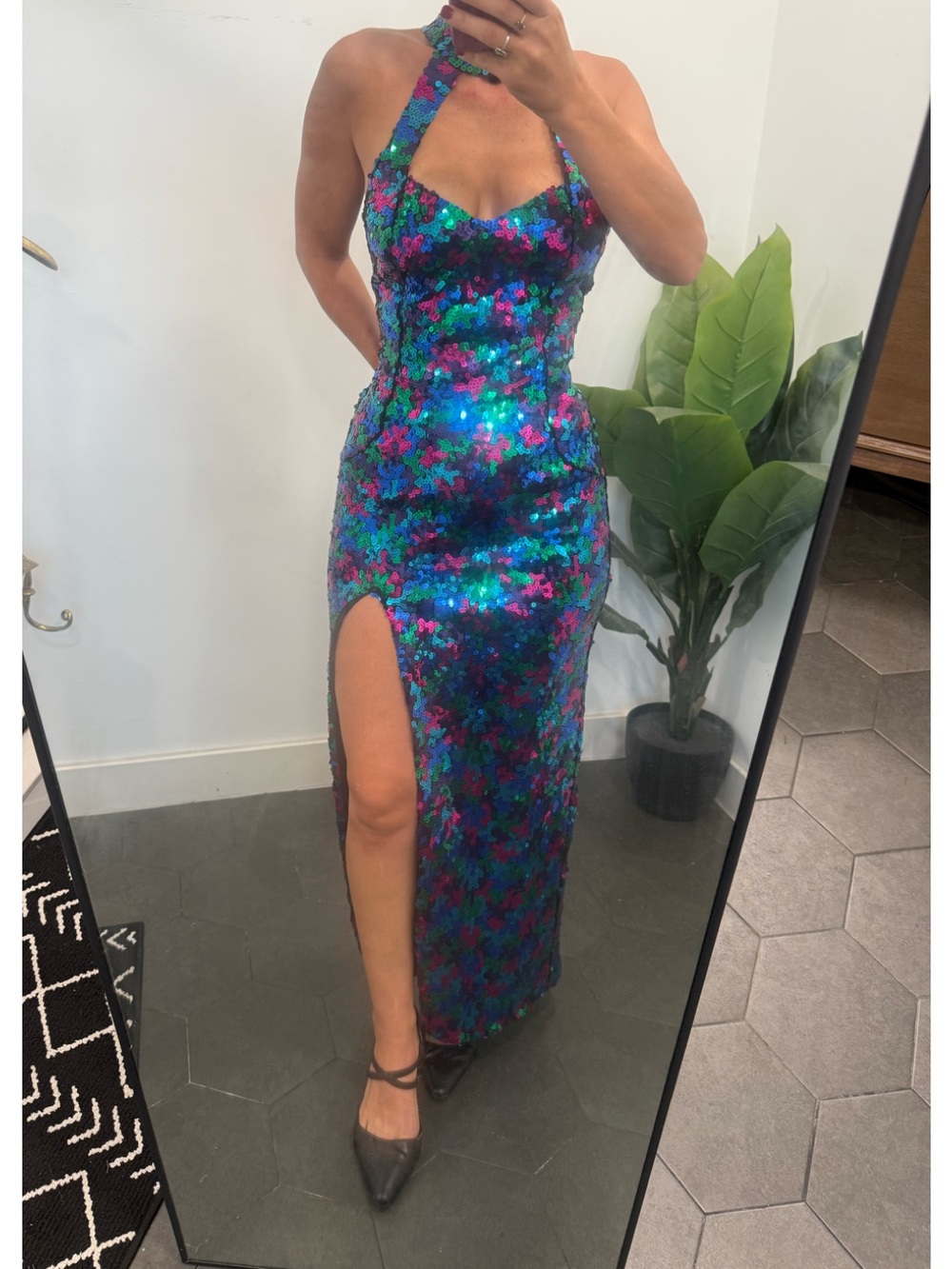 Sequin Halter Thigh-Slit Prom Dress - Multicolor
